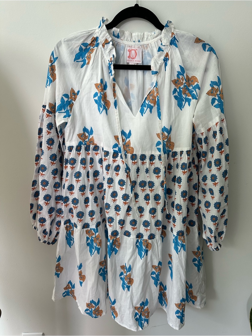 Victoria Dunn White Tiered Tunic Dress with Blue and Brown Floral Motif